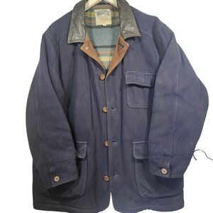 The Bay 1960s Cotton Wool Mens XL Barn Coat‎ Navy Leather Collar Blanket Lined